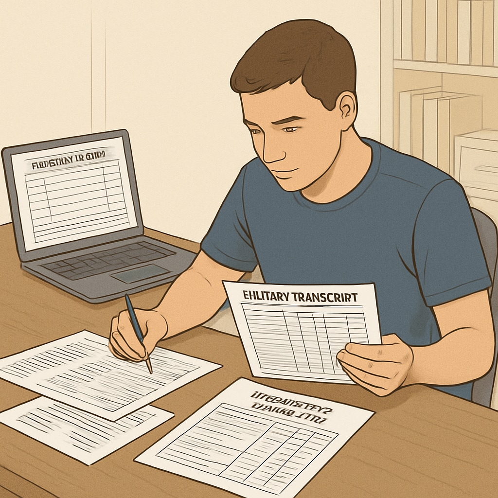 A student reviewing military transcripts for credit transfer into a bachelor's degree program in automotive technology. Military transcripts being reviewed for credit transfer into an automotive technology bachelor's degree.
