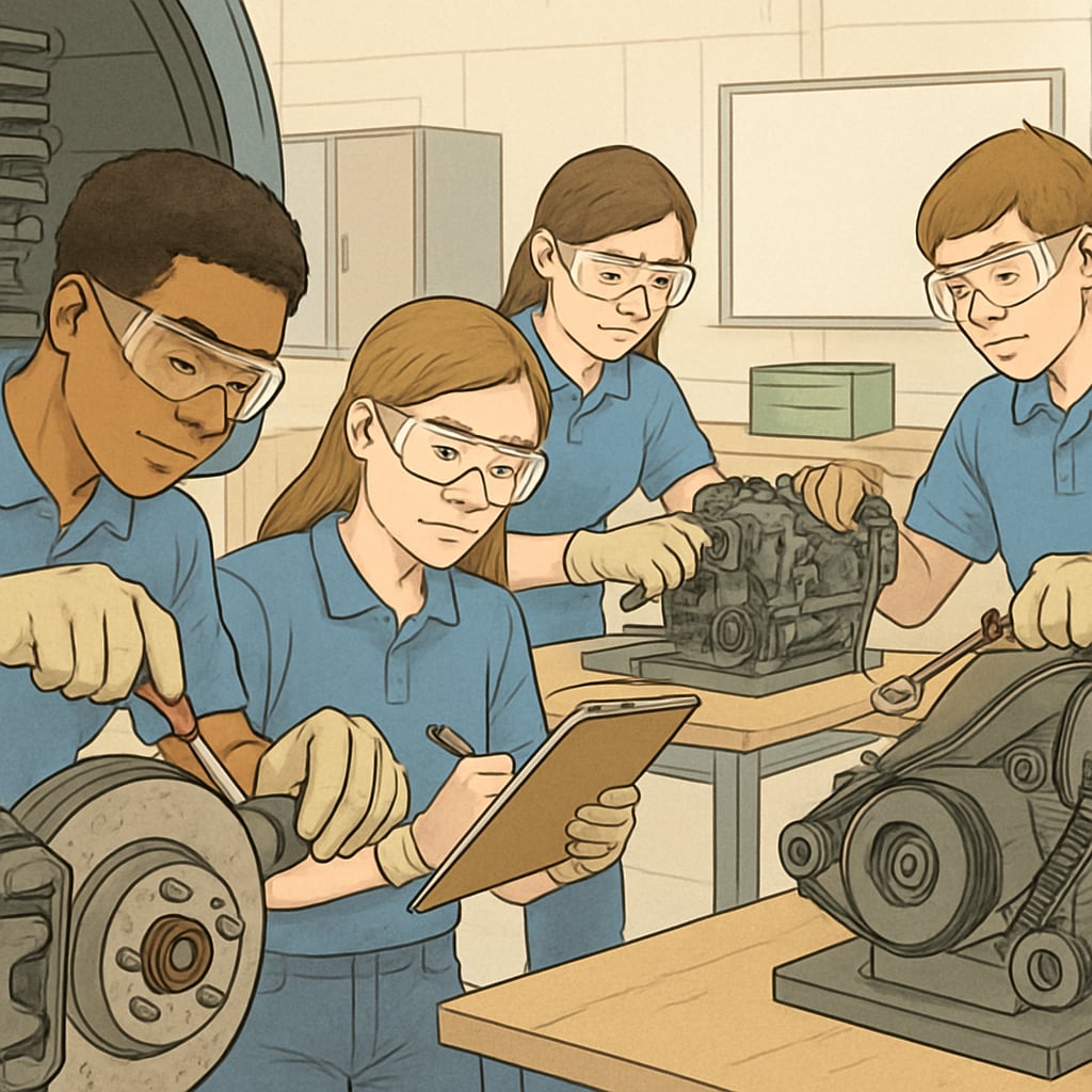 High school students participating in an automotive technology workshop, gaining hands-on experience. High school students in an automotive technology workshop learning practical skills.