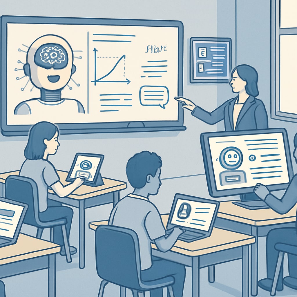 A futuristic classroom equipped with AI-powered tools and digital learning interfaces, showcasing the integration of artificial intelligence into education. AI-powered tools in a futuristic classroom reshaping artificial intelligence education and education trends for 2030.