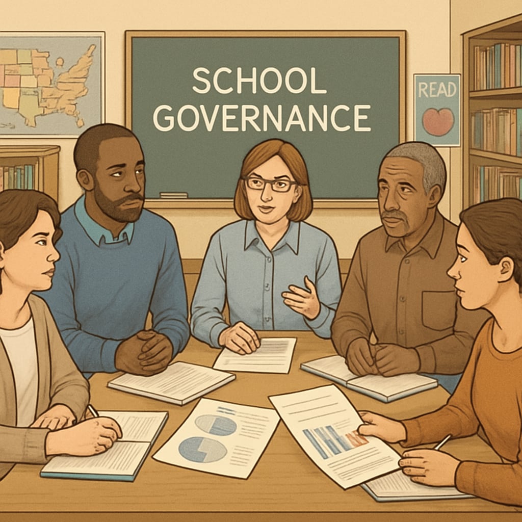 A concerned parent meeting with other community members to discuss school governance. Parents discussing concerns about a school board member with a history of child abuse.