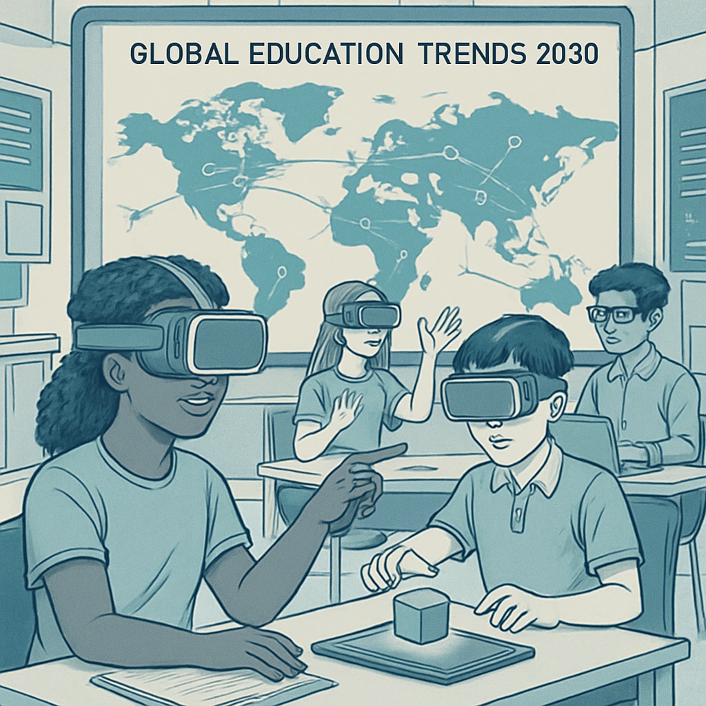 Students collaborating through virtual reality in a globally connected classroom, highlighting globalization's impact on education trends for 2030. Virtual reality interaction in a global classroom illustrating globalization trends in 2030 education.