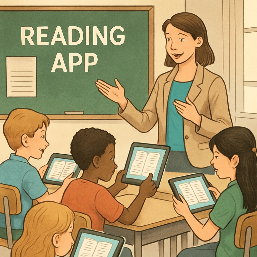 A teacher guiding a group of children as they use tablets to test a new reading app in a classroom setting. Children and a teacher testing a reading app in an educational environment.