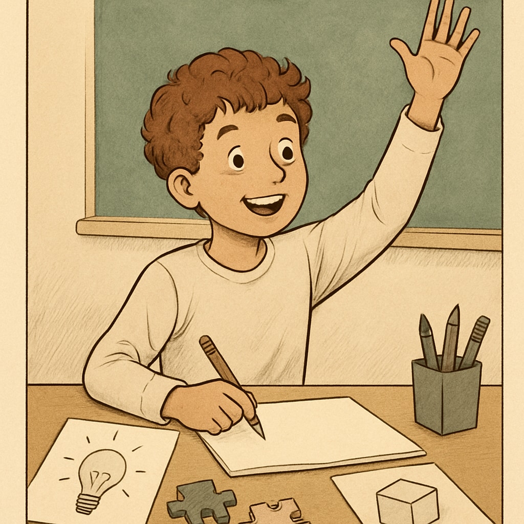 A student with ADHD engaging in creative problem-solving activities, highlighting their unique strengths. ADHD student demonstrating unique problem-solving strengths in a creative activity.