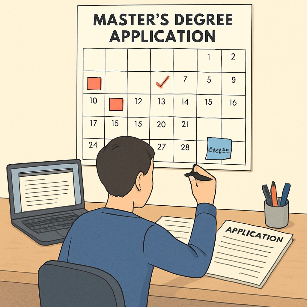 A student planning their master's degree application timeline on a calendar, with a laptop and documents on a desk. Student planning for U.S. master's application timeline.