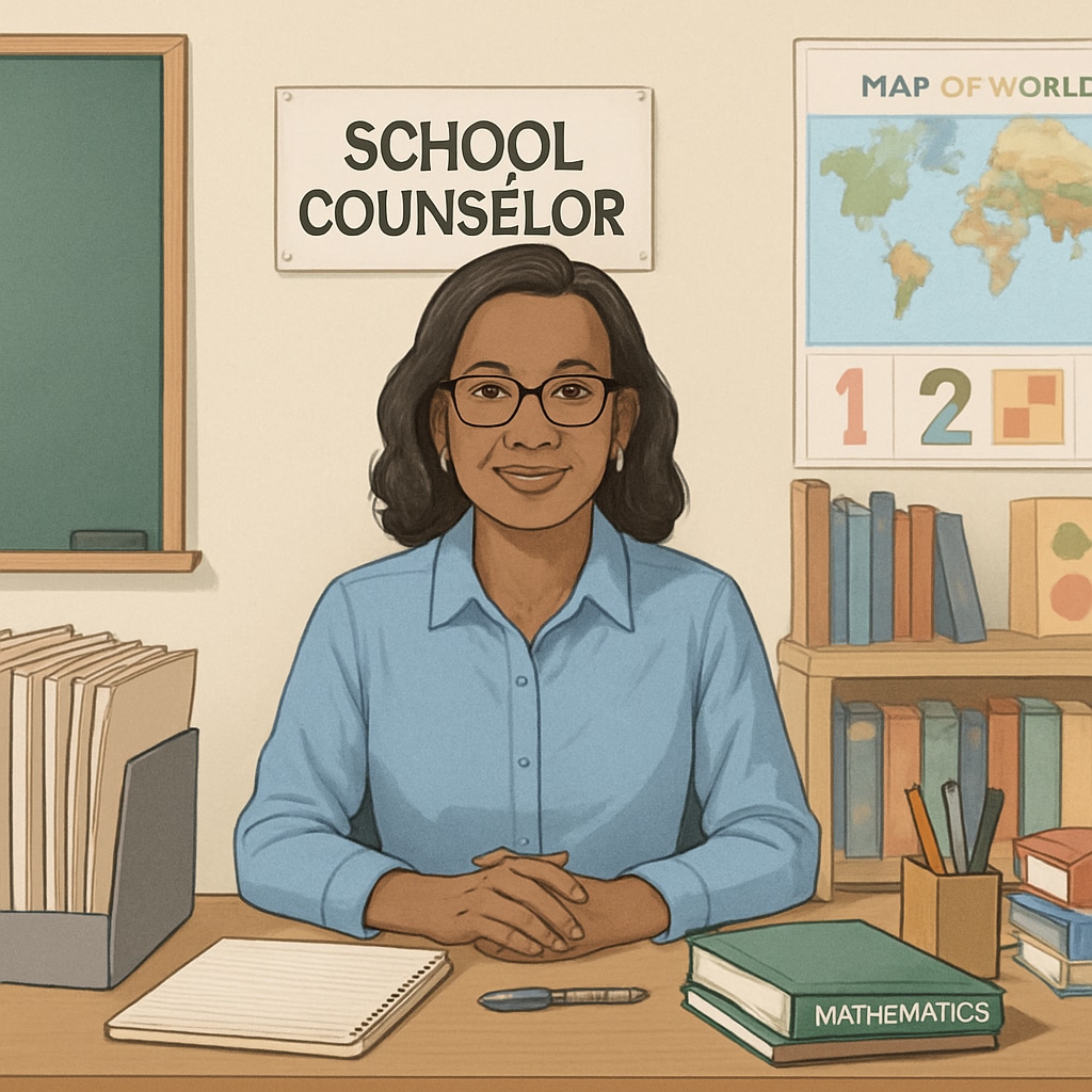 A busy school counselor working at a desk, surrounded by student files and educational materials. School counselor working at a desk, representing challenges of counselor interviews for graduate research.