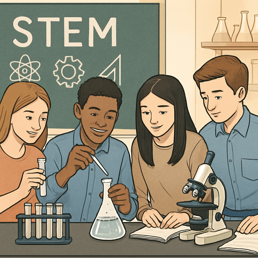 High school students engaged in a science experiment, representing the growing emphasis on STEM education. High school students conducting a science experiment, linked to STEM education.