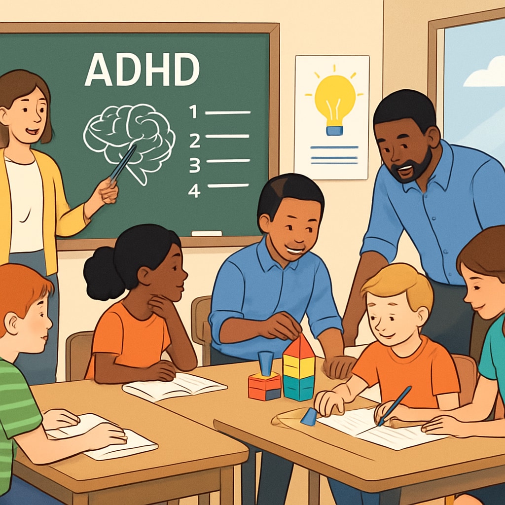 A classroom setting where educators use diverse methods to engage ADHD students, promoting inclusivity. Inclusive classroom environment illustrating diverse teaching methods for ADHD students.