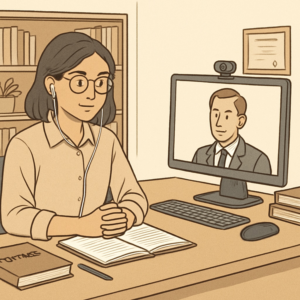 A student participating in a virtual interview for a master's program, with a professional setup in the background. Student in a virtual interview for a U.S. master's program.