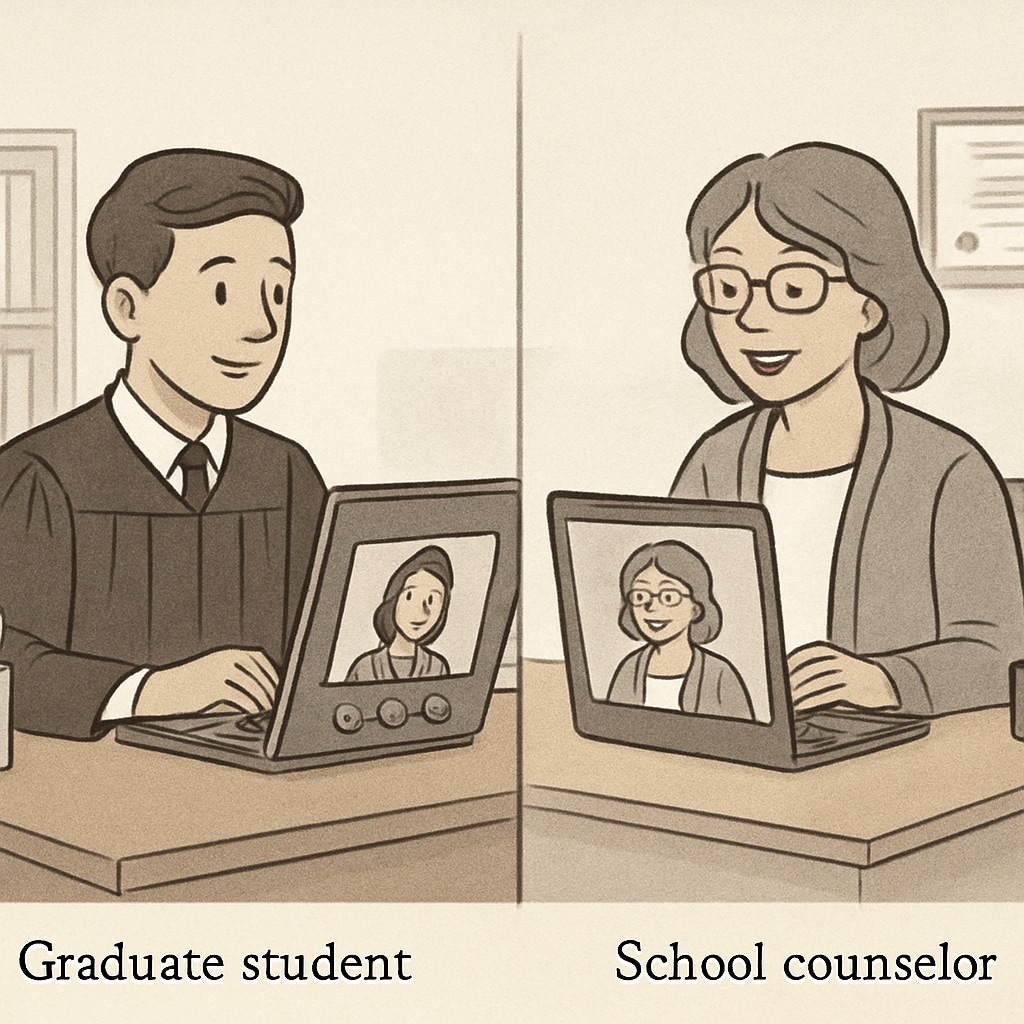 A virtual meeting between a graduate student and a school counselor, showcasing collaboration through technology. Graduate student and school counselor in a virtual meeting, illustrating collaborative interview solutions.