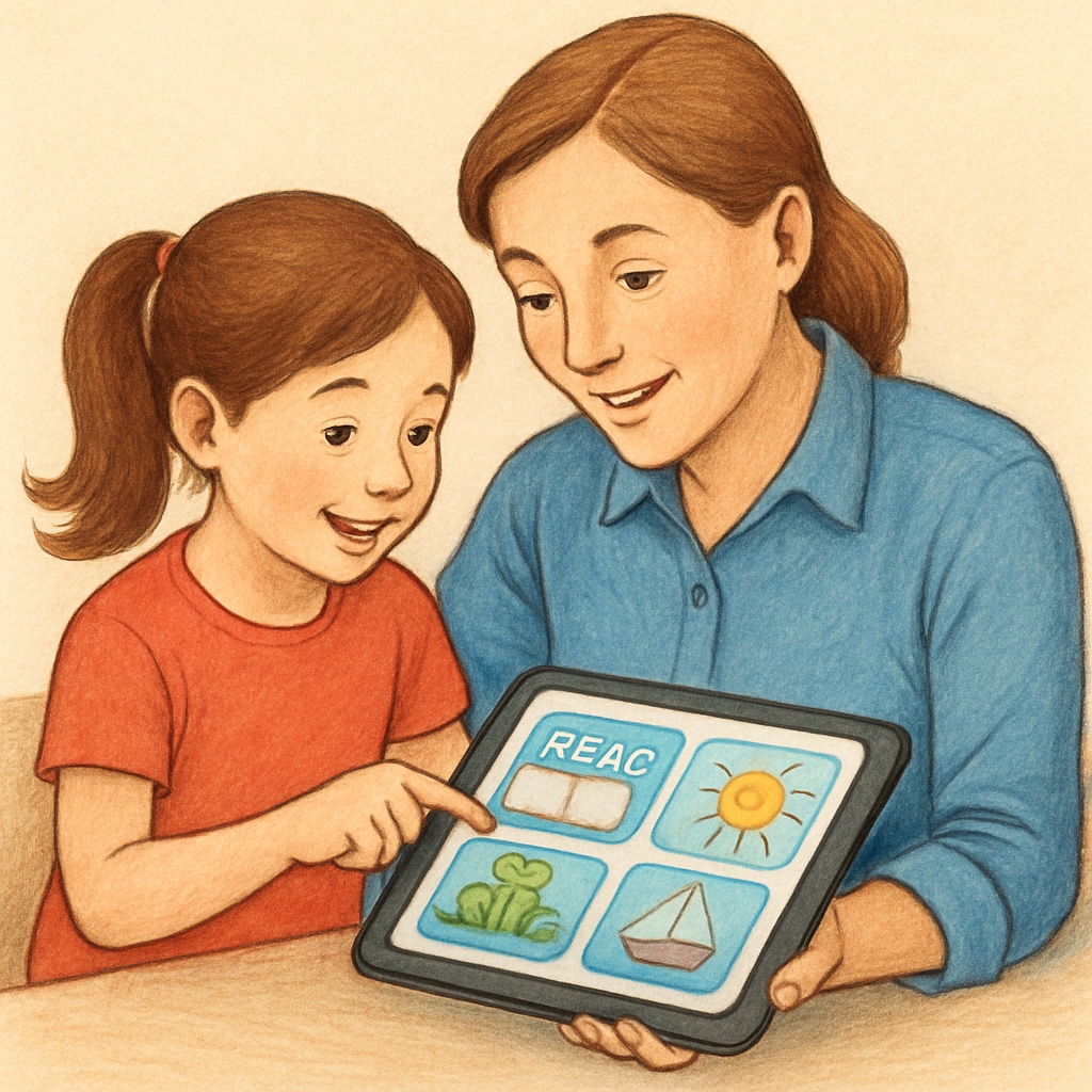 A parent and child using a tablet together, exploring a colorful reading app designed for children. Parent and child testing a children's reading app on Android.