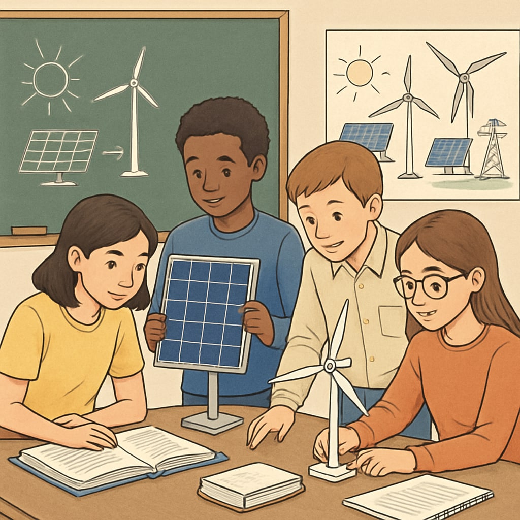 A classroom featuring students working collaboratively on a renewable energy project, combining technical and academic knowledge. Students in a classroom working on a renewable energy project, integrating academic and technical skills.