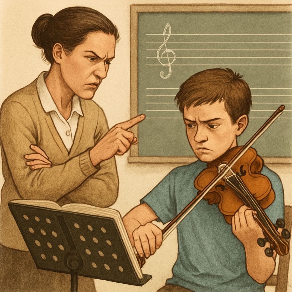 A teacher sternly guiding a student in a music practice session, emphasizing rigor and discipline. This image highlights the challenging aspects of strict education methods. A teacher guiding a student with strict discipline, illustrating rigorous education methods.