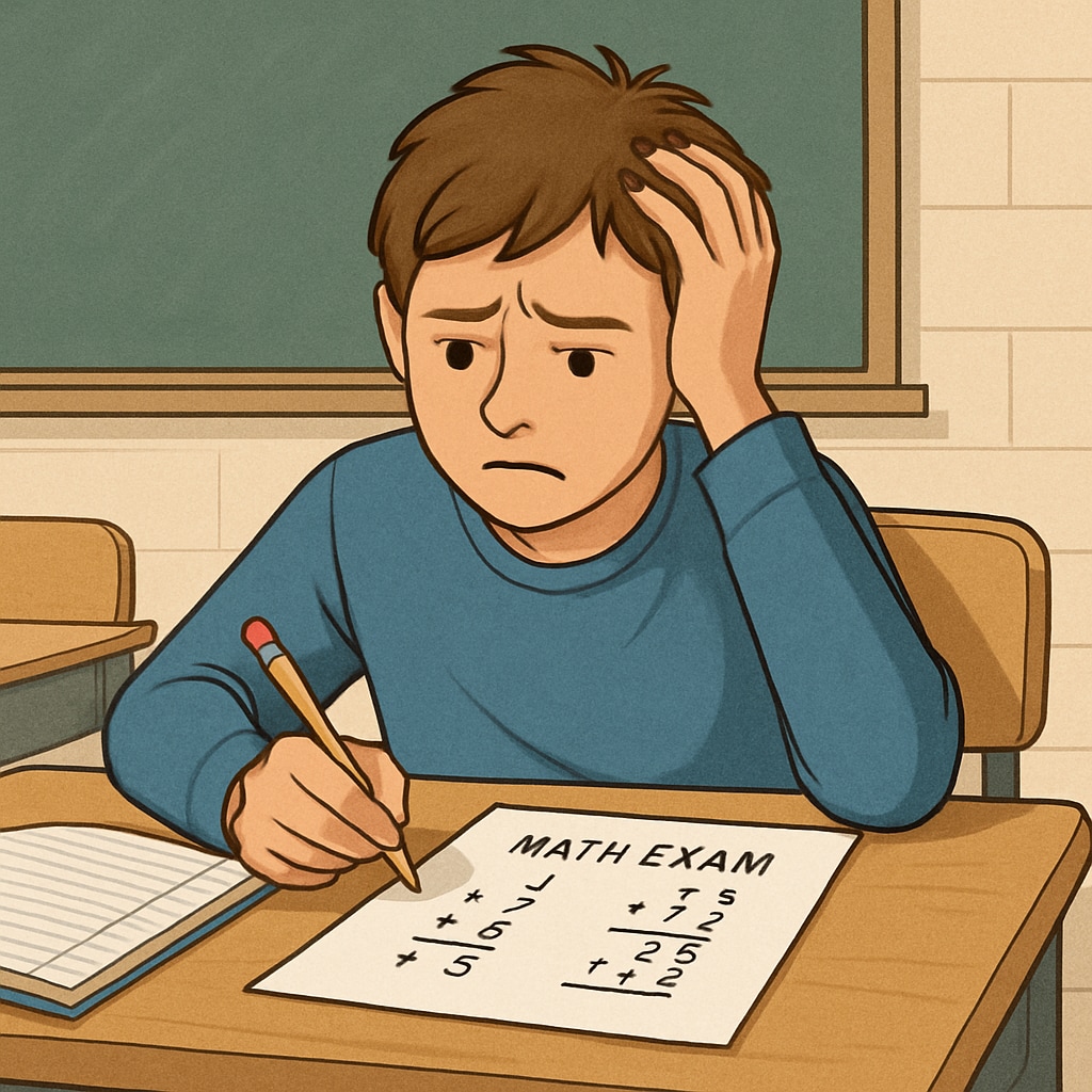 A student experiencing math test anxiety while working on multiple-choice questions.