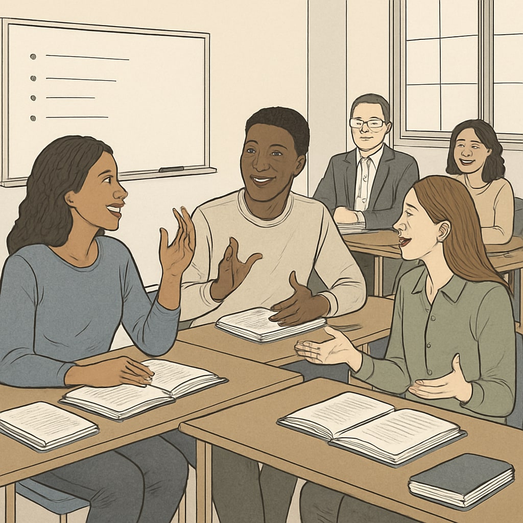 A professional-looking classroom with graduate students engaging in a discussion, representing the environment of U.S. master's programs. Graduate students discussing coursework in a classroom setting, related to U.S. master's applications.
