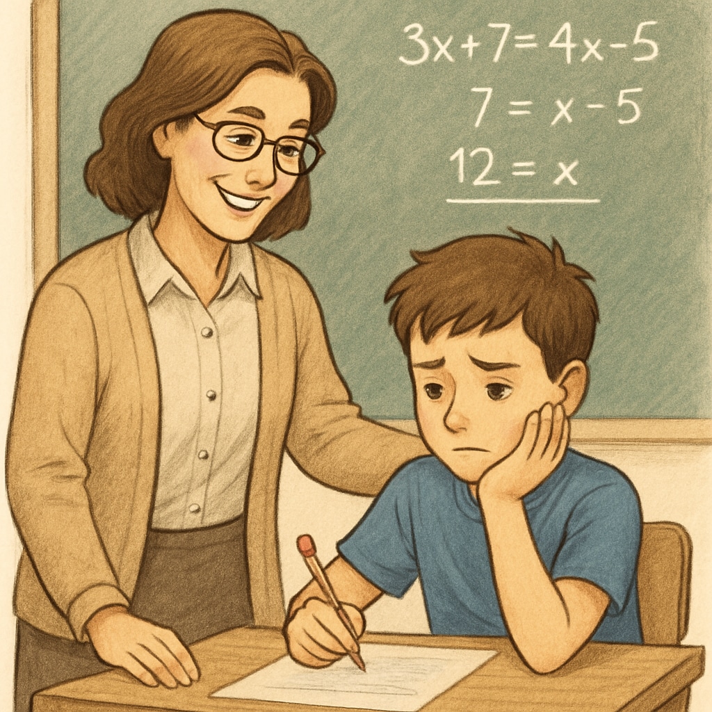 A teacher smiling and encouraging a student during a challenging math problem-solving session. This image represents the importance of care and positive reinforcement in education. A teacher encouraging a student with a smile, emphasizing care in education.