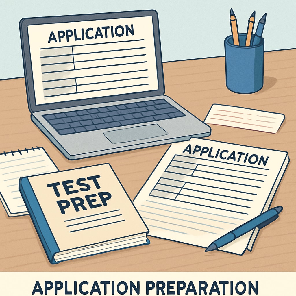 An organized workspace with a laptop, application forms, and test preparation materials to represent application preparation. Workspace with materials for U.S. master's application preparation, including forms and a laptop.