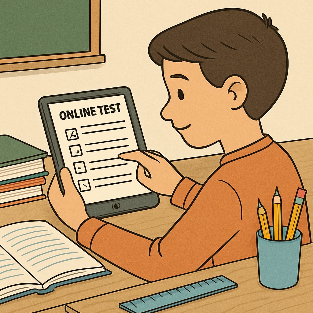 A student using an online test resource on a tablet, surrounded by school supplies. Student accessing high-quality test resources on a tablet.