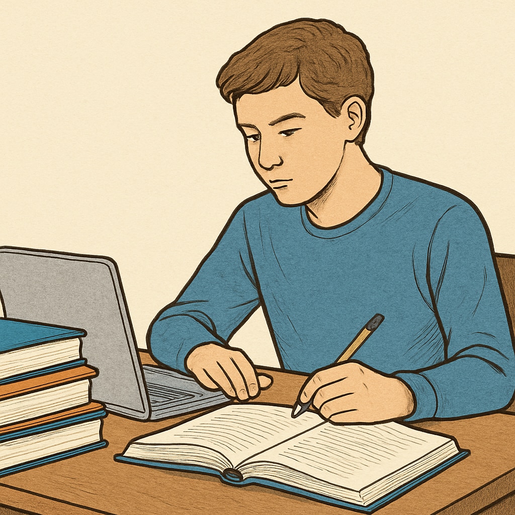 A high school student sitting at a desk with books and a laptop, focusing on online coursework. High school student working on online credit recovery coursework