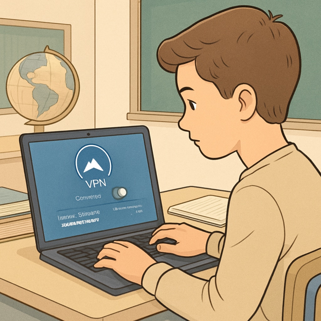 A young student using a laptop with a VPN dashboard visible on the screen, symbolizing the rise in VPN usage among minors. A student using a laptop with a visible VPN interface, highlighting increased VPN use due to the UK’s age verification law.