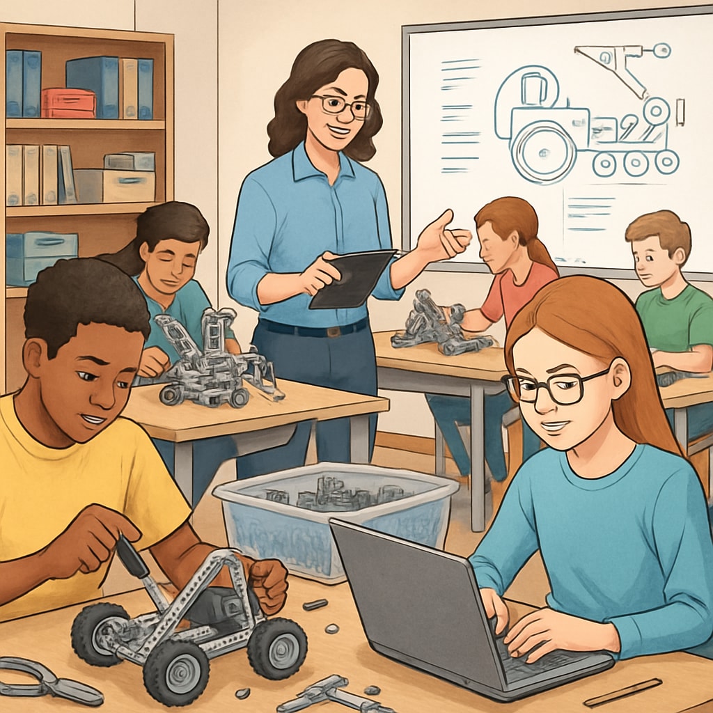 An engaging classroom setting where students are participating in a robotics workshop, showcasing the integration of STEM-focused CTE programs with traditional academics. Students in a robotics workshop integrating CTE and academics