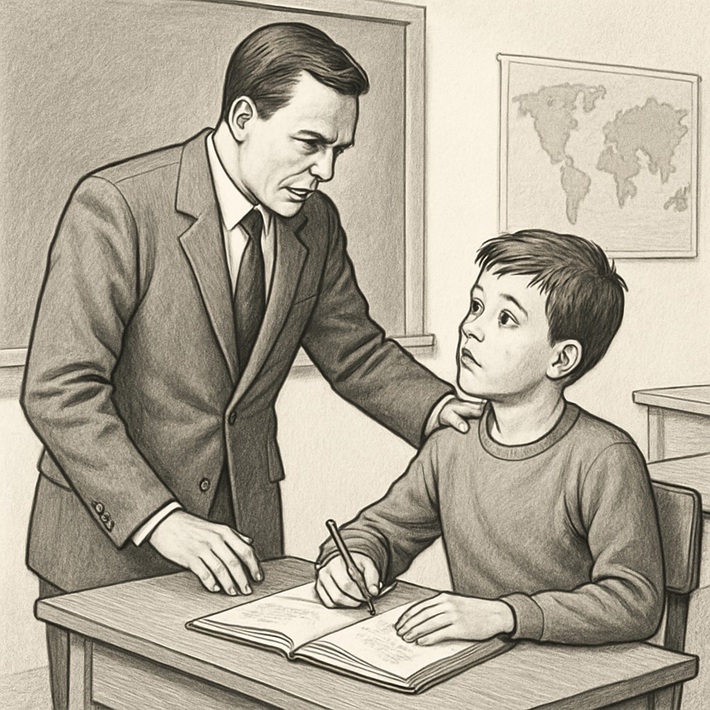 A teacher engaging with a student in a classroom, demonstrating both discipline and encouragement. A teacher guiding a student in a classroom, balancing rigor and care.