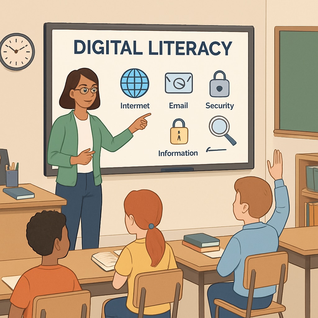 A classroom setting where a teacher is explaining digital literacy concepts to students using a smartboard. A teacher in a classroom explaining digital literacy to students, emphasizing online safety and responsible behavior.