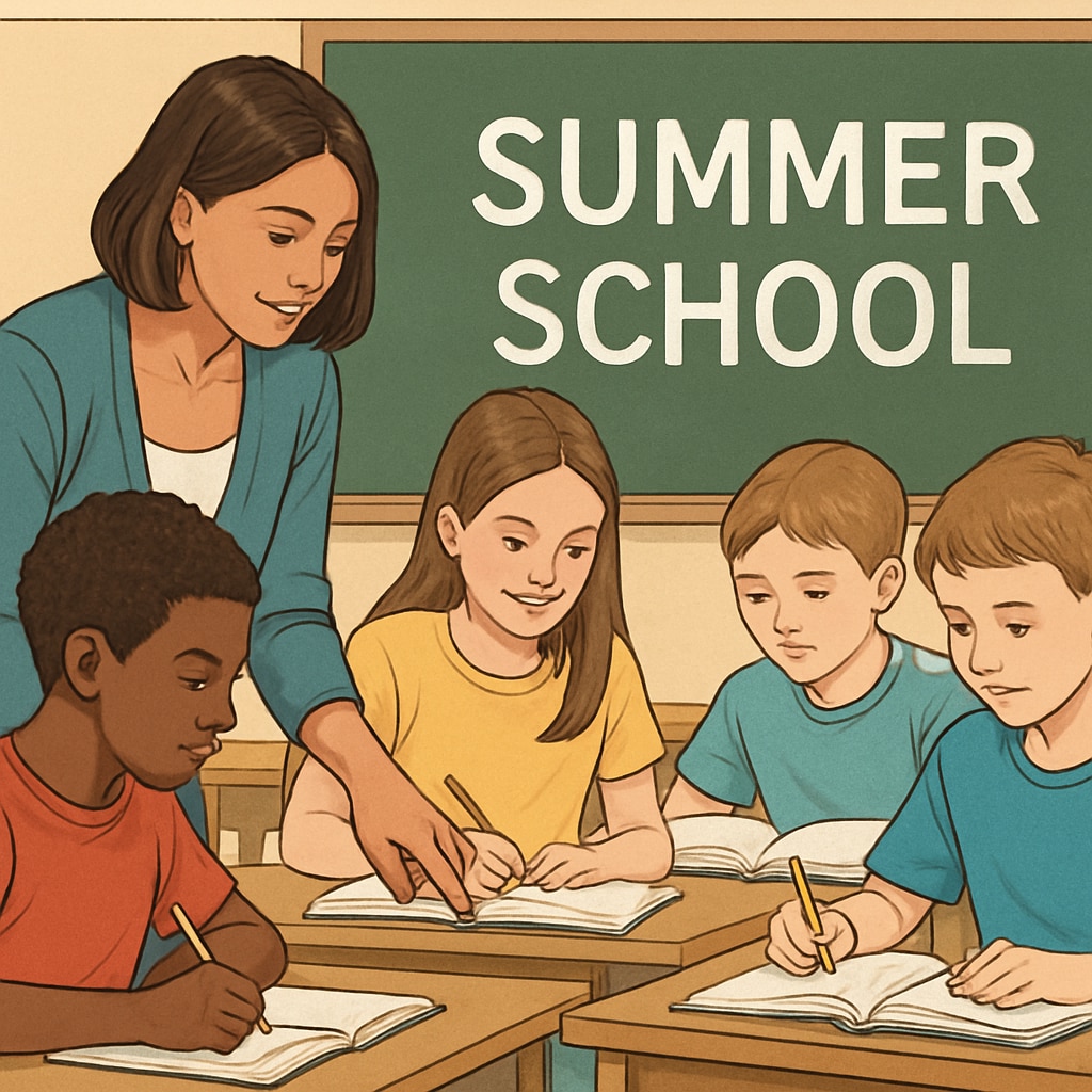 A teacher assisting students in a classroom setting, highlighting summer school programs. Teacher helping students in summer school credit recovery program