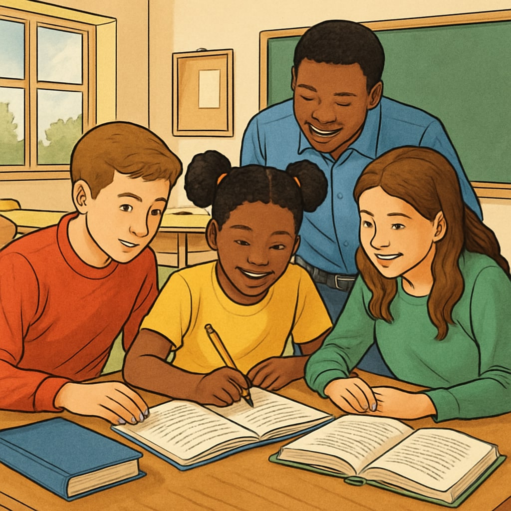 Students engaging in a collaborative learning activity, highlighting a supportive educational environment. A group of students working together in a classroom, emphasizing care-based teaching.