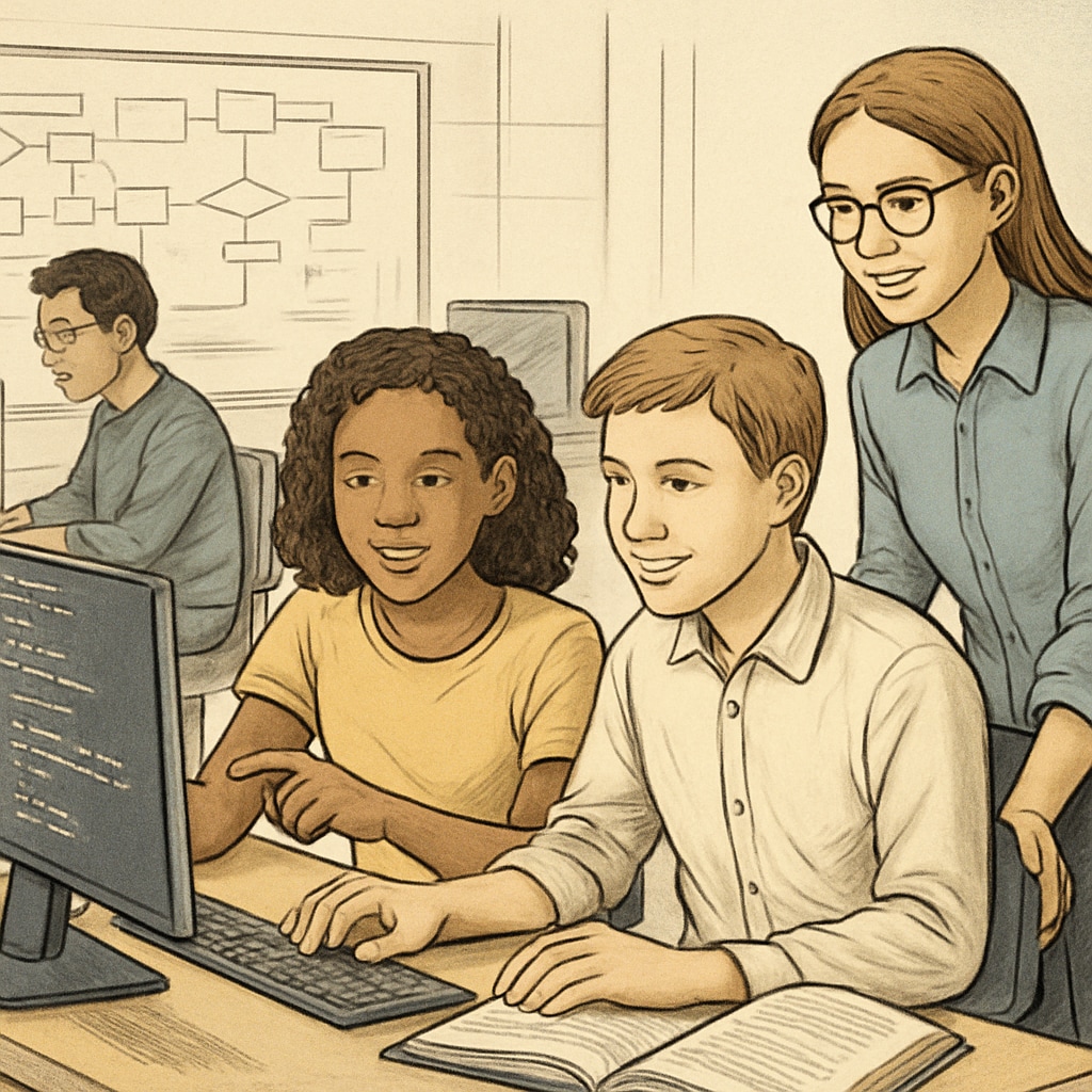 Students working collaboratively in a computer science lab, illustrating a district-level career pathway program that integrates technical and academic learning. Students collaborating in a computer science lab as part of a career pathway program