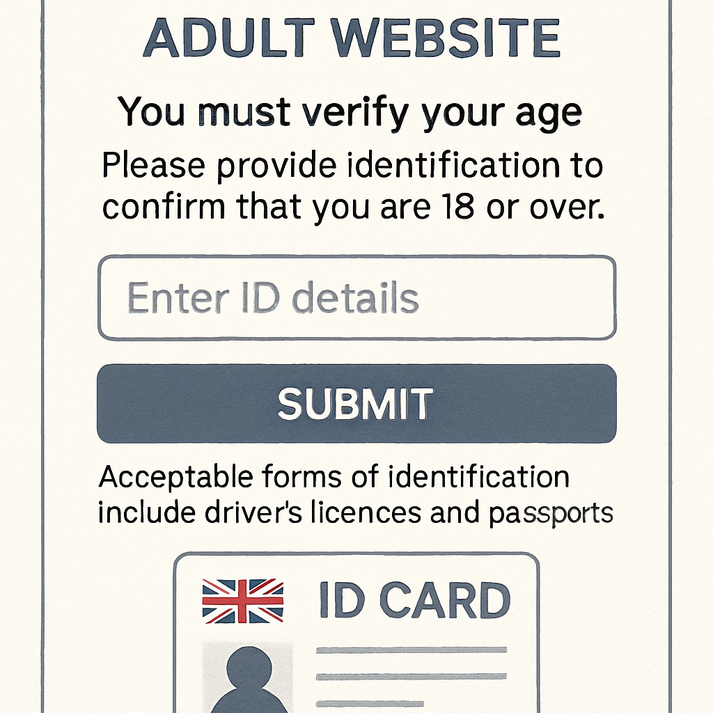 A screenshot of a UK-based age verification prompt on an adult website, highlighting the need for identification. UK age verification prompt requiring proof of identification, related to minors' online safety.