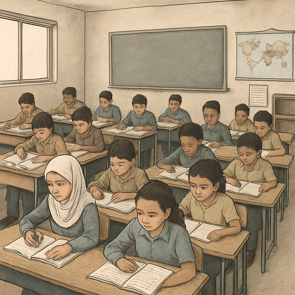 A classroom in Gaza with students sitting at desks, illustrating the challenges of limited resources and overcrowding. Classroom in Gaza with students, highlighting the need for educational resources.