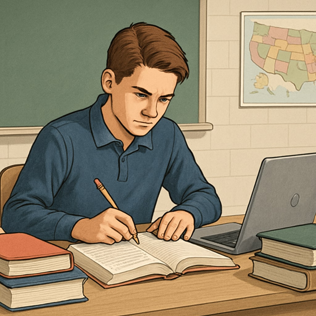 A high school student studying with textbooks and a laptop, symbolizing determination to recover credits. High school student studying to recover credits and graduate on time