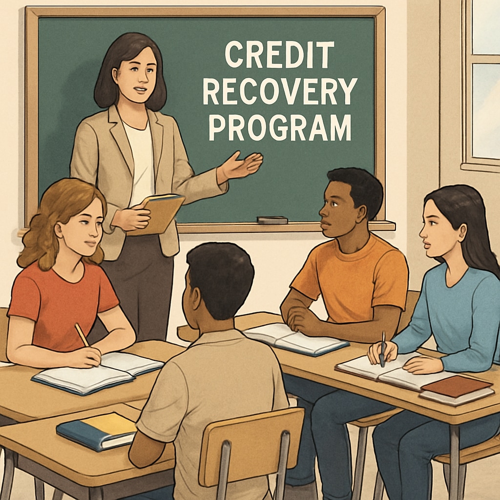 A classroom setting with students attending a credit recovery program. Credit recovery program for high school students with a focus on graduation