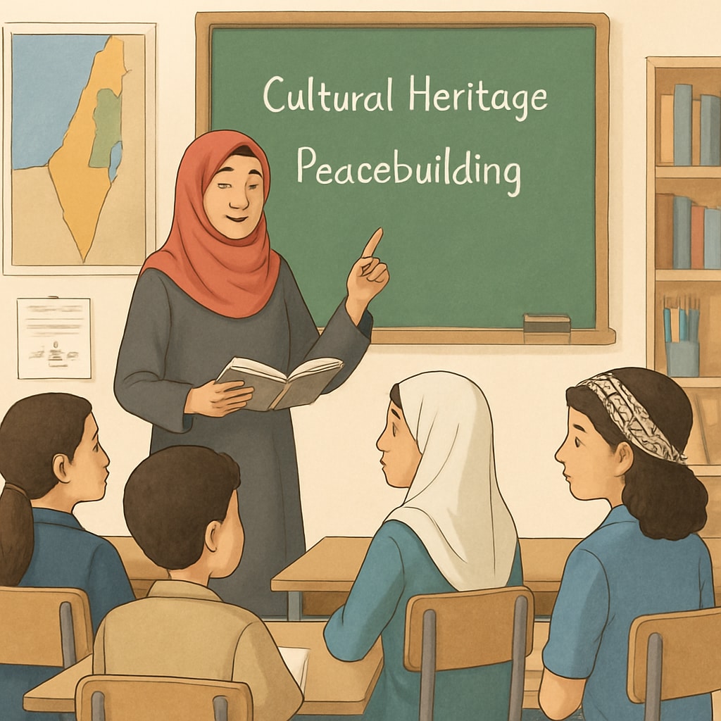 A teacher leading a discussion in a Gaza classroom, focusing on cultural heritage and peacebuilding. Teacher in Gaza classroom fostering dialogue and cultural understanding.