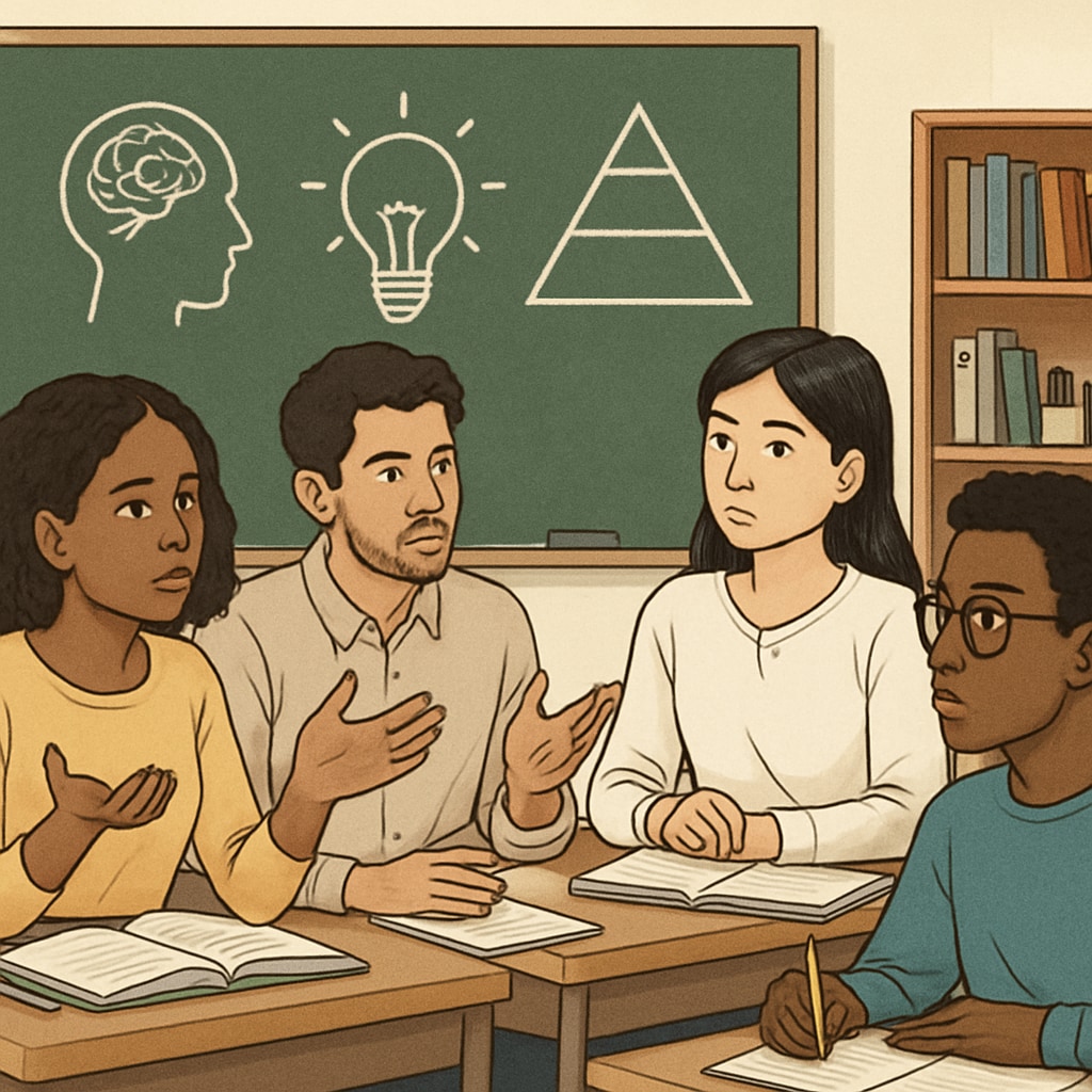 A classroom setting with students discussing societal hierarchies, symbolizing critical thinking in education. Students in a classroom discussing social hierarchies as part of a social studies lesson.