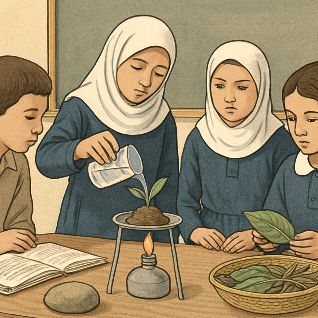 Gaza school students practicing hands-on science activities, promoting adaptive learning methods.