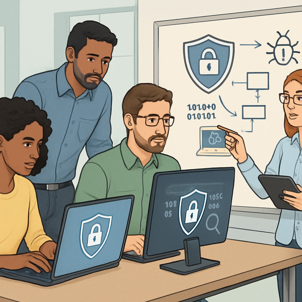 A diverse group of IT professionals collaborating on a cybersecurity project, emphasizing teamwork and skill development. IT professionals working together on cybersecurity solutions, showcasing collaboration and expertise.