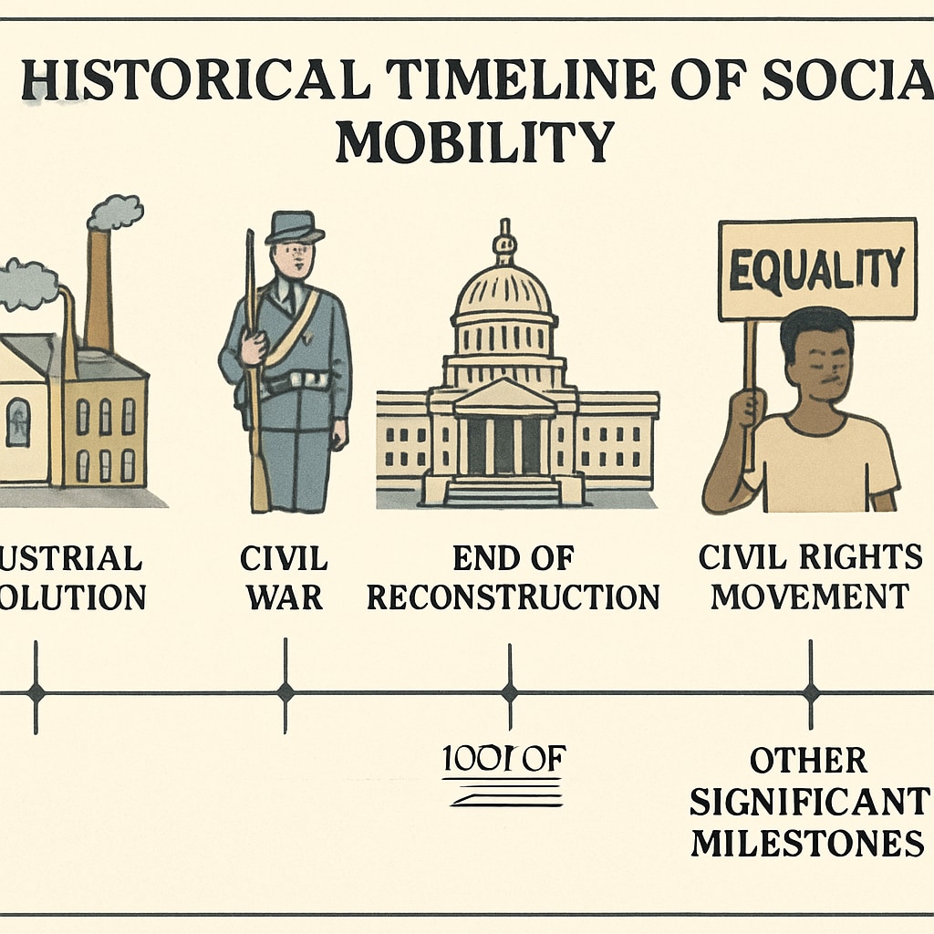 A historical timeline illustrating key events that shaped social mobility, such as the Industrial Revolution or civil rights movements. A timeline showing key historical events related to social mobility, like the Industrial Revolution and civil rights progress.
