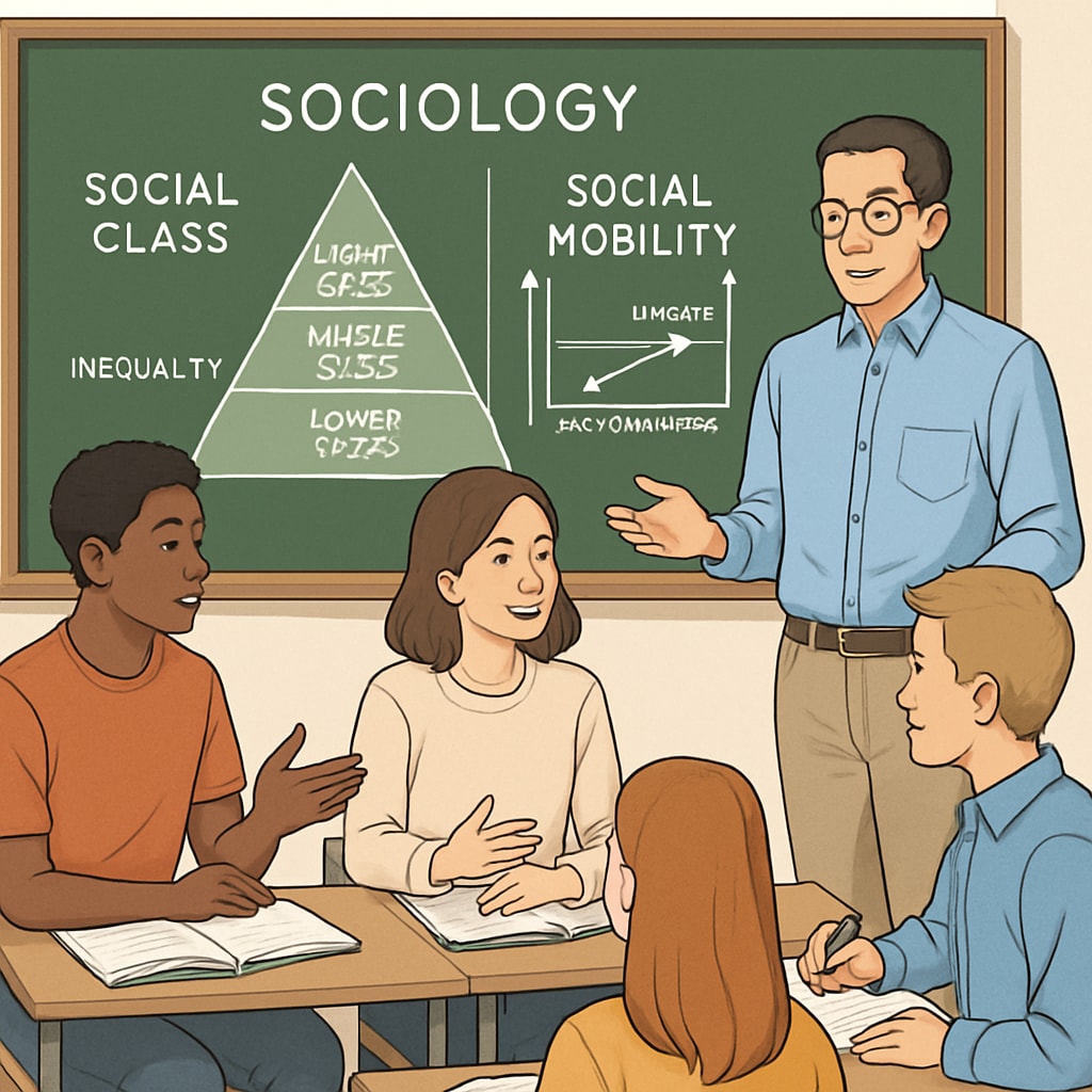 A classroom of students discussing sociology concepts, with visuals like class pyramids or mobility graphs on the board. Students learning about social mobility in a classroom setting.