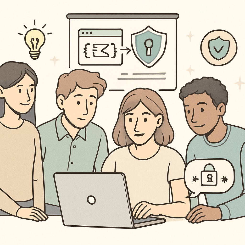 A group of high school students participating in a cybersecurity workshop, collaborating on a computer exercise. High school students in a cybersecurity workshop, learning digital skills.