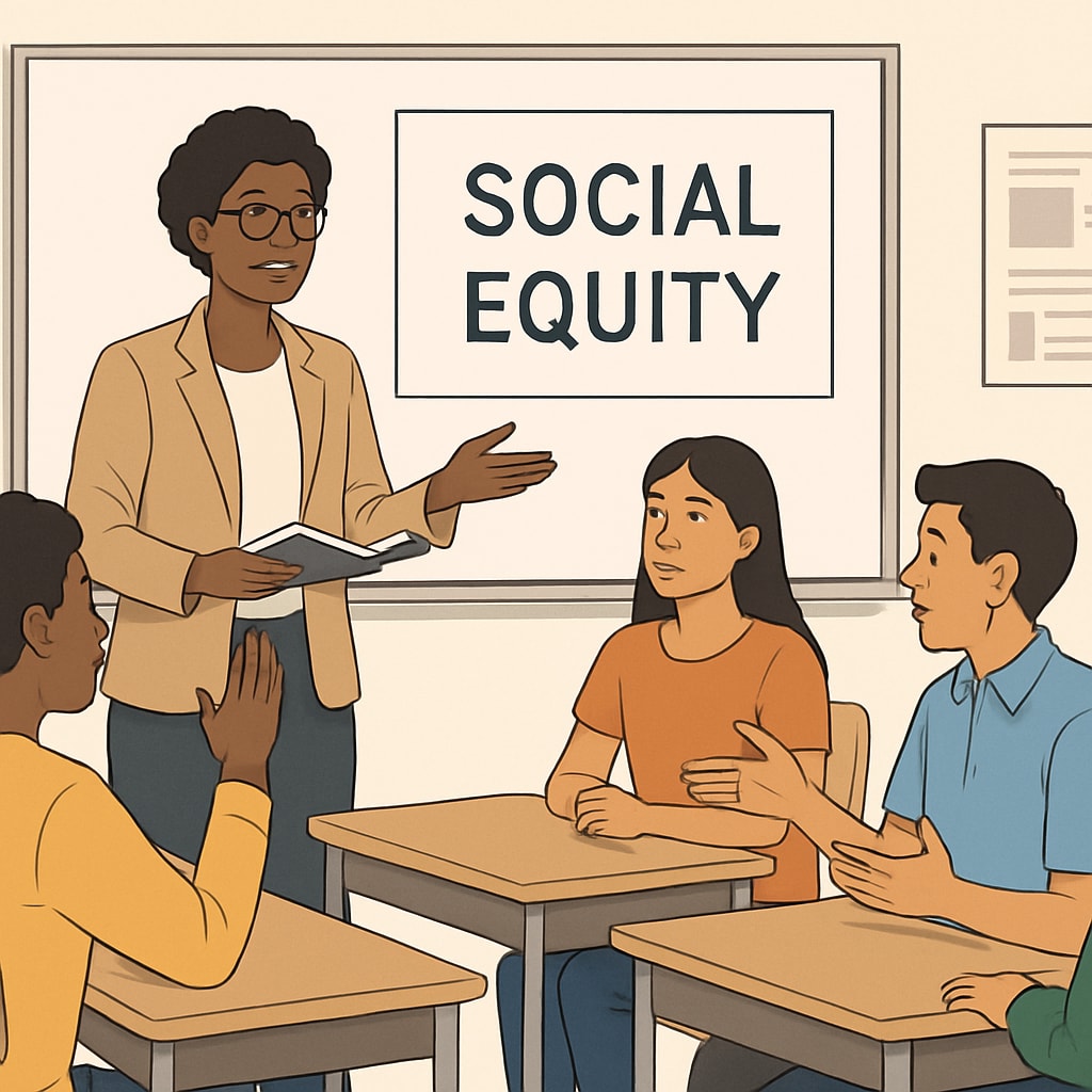 A teacher leading a discussion on social equity, with diverse student participation. A teacher and students engaging in a conversation about social equity and mobility.