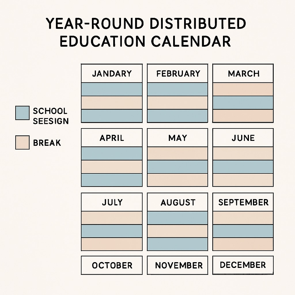 A conceptual illustration of a year-round distributed education calendar, showing equal intervals of school sessions and breaks. A visual representation of a year-round school calendar with balanced intervals.