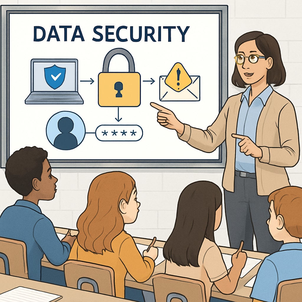 A teacher guiding middle school students through an interactive lesson on data security using a digital whiteboard. Middle school students learning about data security with teacher guidance.