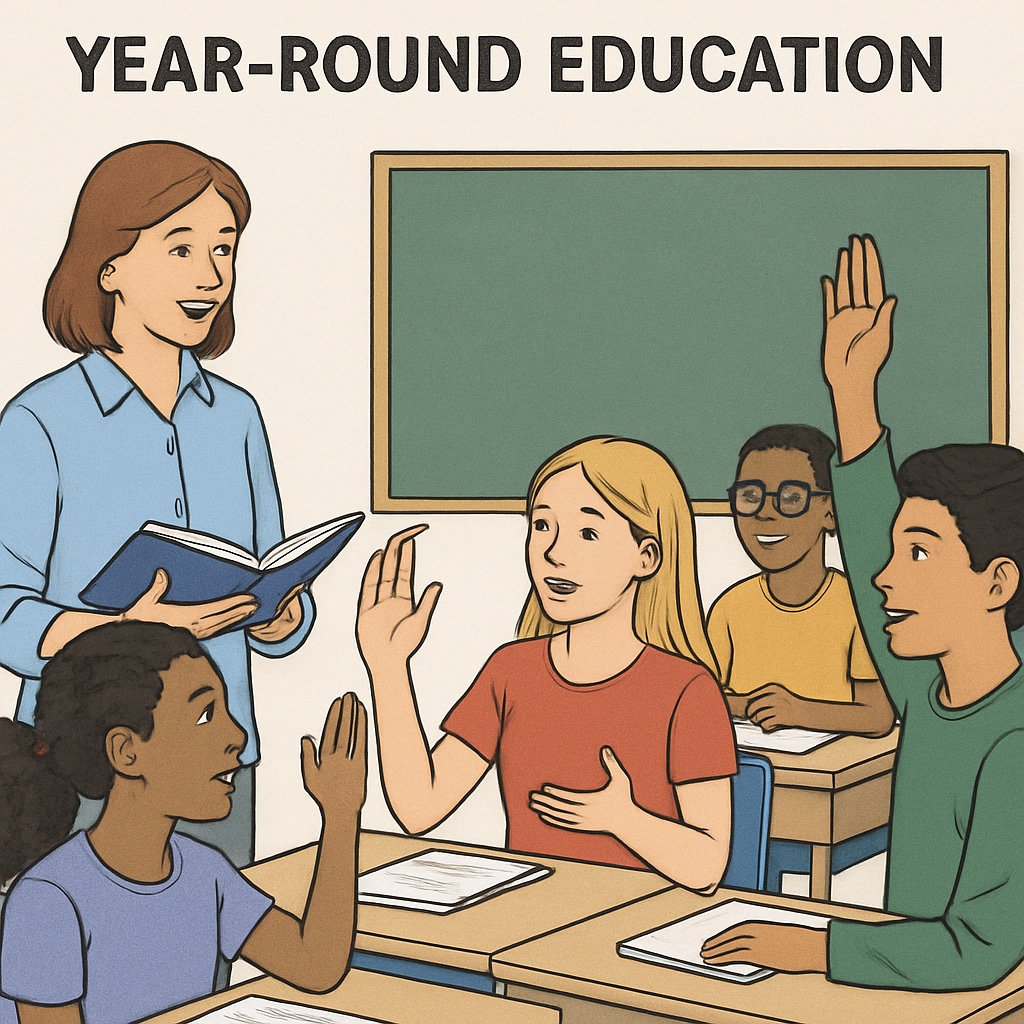 Students participating in a classroom discussion, symbolizing active engagement in a year-round education setting. Students in a classroom actively participating, representing year-round learning.