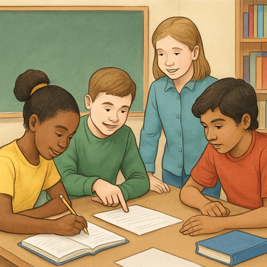 A diverse group of students engaging in a collaborative classroom activity, representing year-round schooling in action. Collaborative classroom activity illustrating year-round schooling and learning retention.