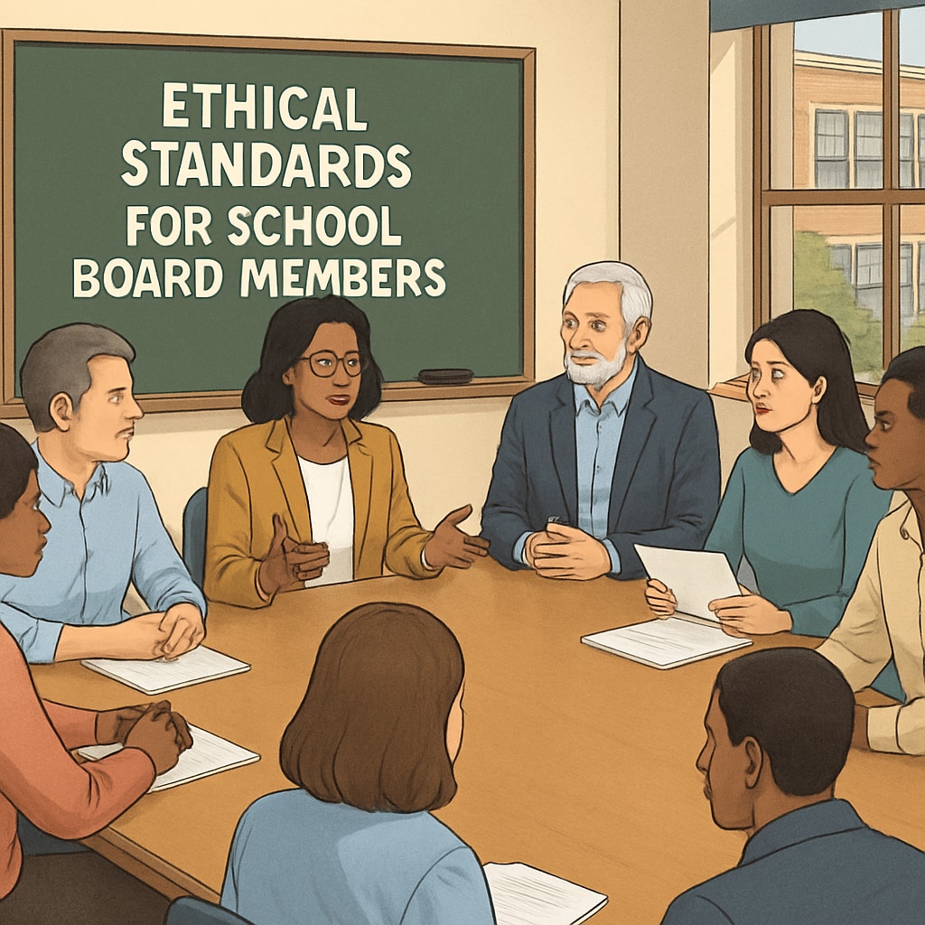 A concerned community meeting discussing ethical standards for school board members. Community members discussing school board ethics and child safety.