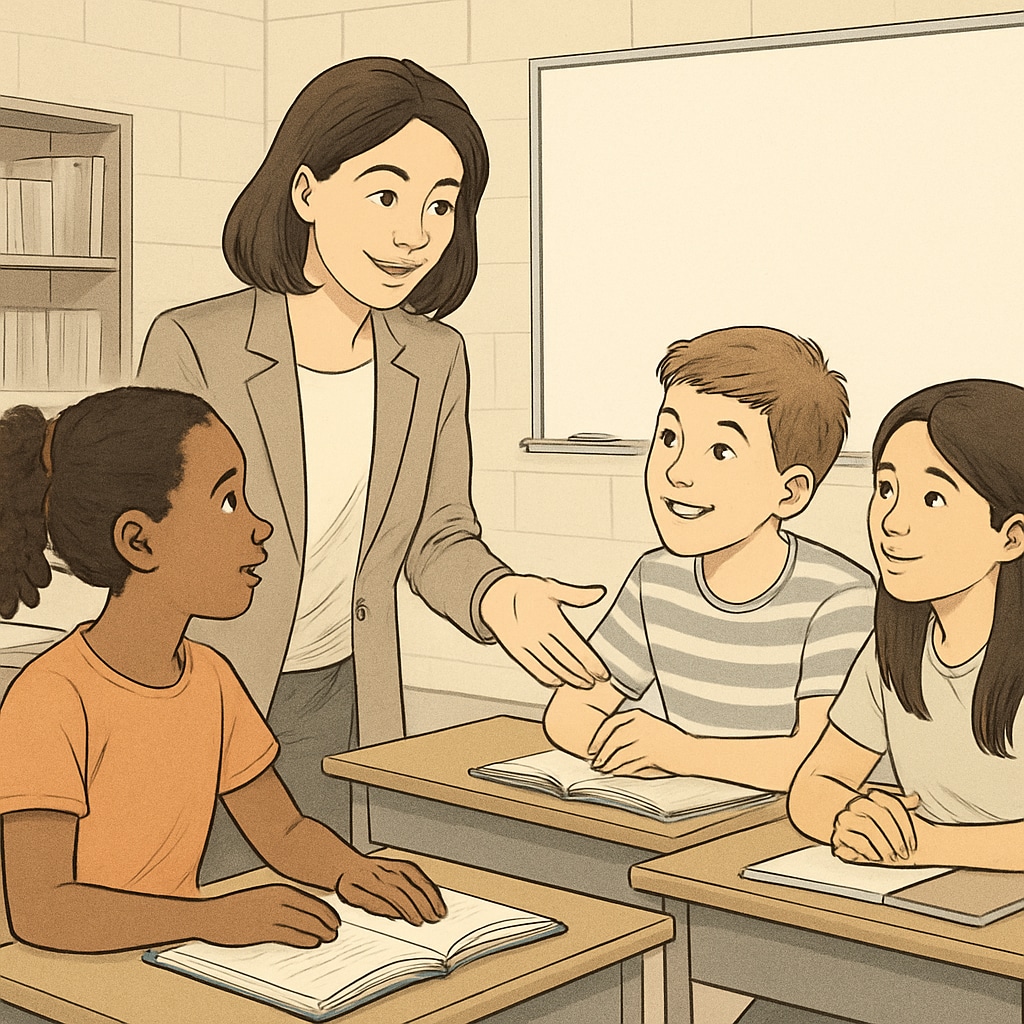 A teacher working with a small group of students during a lesson break, illustrating the balanced approach of year-round schooling. Teacher and students during a break in year-round schooling.