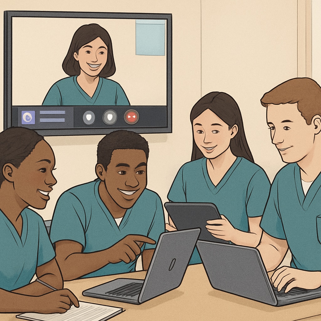 A diverse group of nursing students collaborating in an online study session, showcasing teamwork and digital tools like Discord. Nursing students collaborating in an online study session using Discord for teamwork.