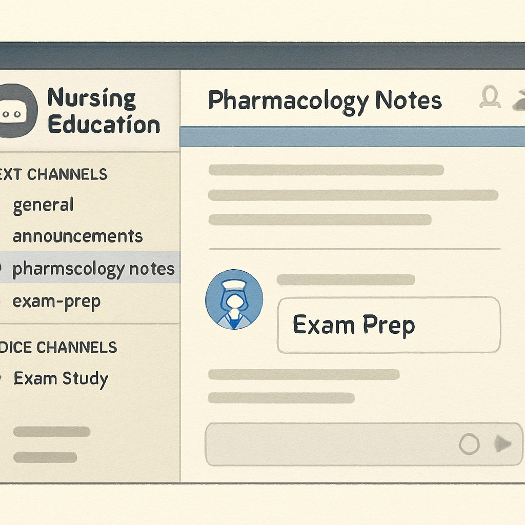 A screenshot of a Discord server interface tailored for nursing education, showing organized channels like Discord server interface designed for nursing students with organized study channels.