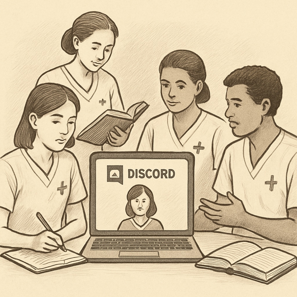 A group of nursing students collaborating in a virtual study session on Discord. The image highlights teamwork and virtual learning. Nursing students collaborating in a virtual study community on Discord.